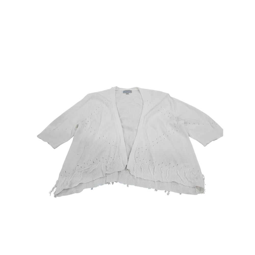 Joseph A Linen Blend Cardigan M White Open Front Pointelle Fringe Boho Coastal